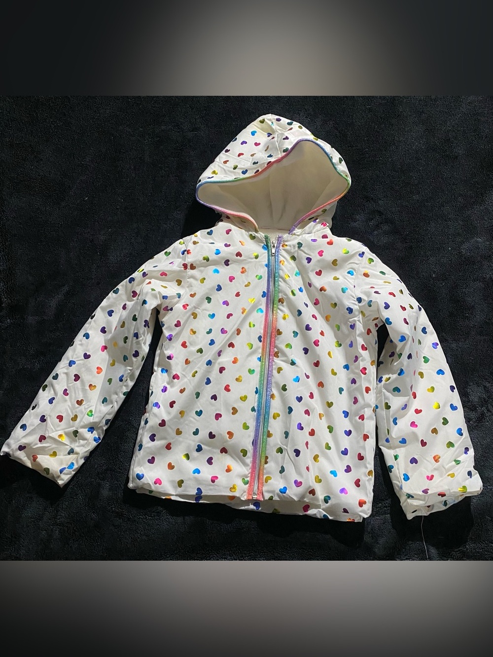 Penelope Mack White Zip-Up Jacket with Rainbow Foil Hearts & Cozy Fleece Lining
